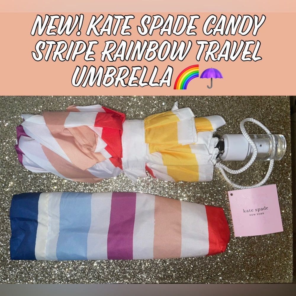 New! Kate Spade Candy Stripe Rainbow Travel Umbrella🌈☂️Beautiful!